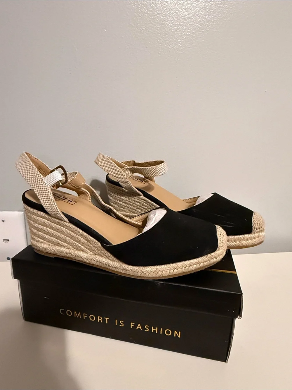 IDIFU Black and Beige Espadrille Wedge Sandals with Ankle Strap